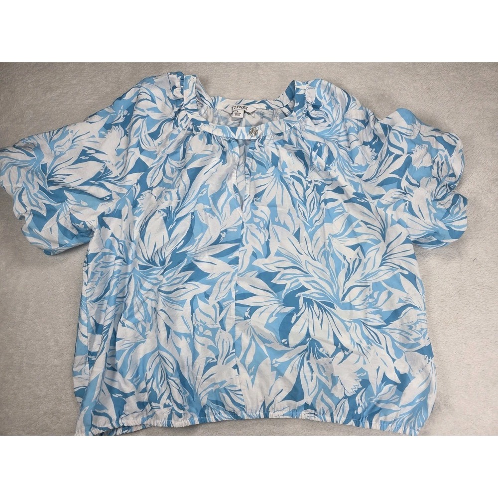 77 Park Tropical Floral Blouse Large Blue White Off Shoulder Lightweight Resort